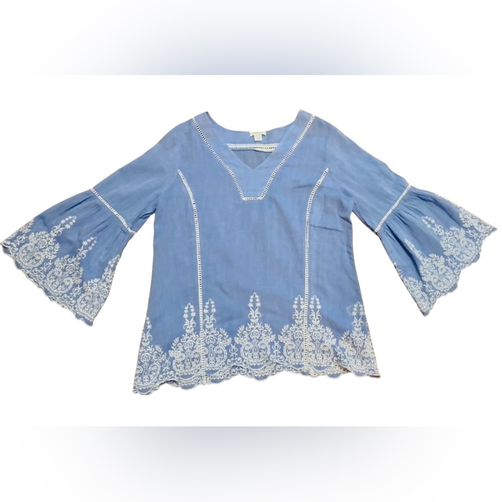 Sundance Lace Blue & White Liliana Embroidered‎ Blouse Top Bell Sleeves Sz L - Picture 11 of 14